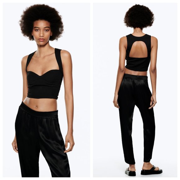 NWT Zara Black Satin High Waist Jogger Slit Hem Pants - Picture 2 of 7